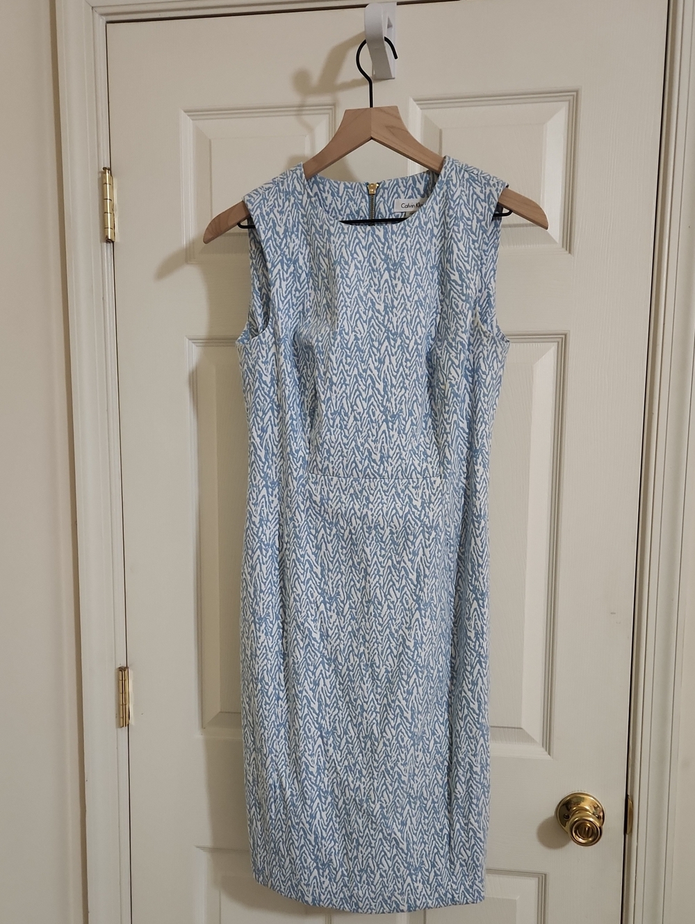 Calvin Klein Light Blue and White Sleeveless Sheath Dress
